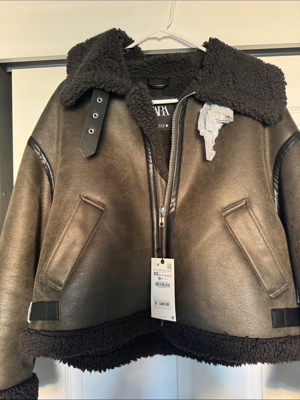 ZARA Women's Faux Shearling Aviator Jacket - Dark Brown